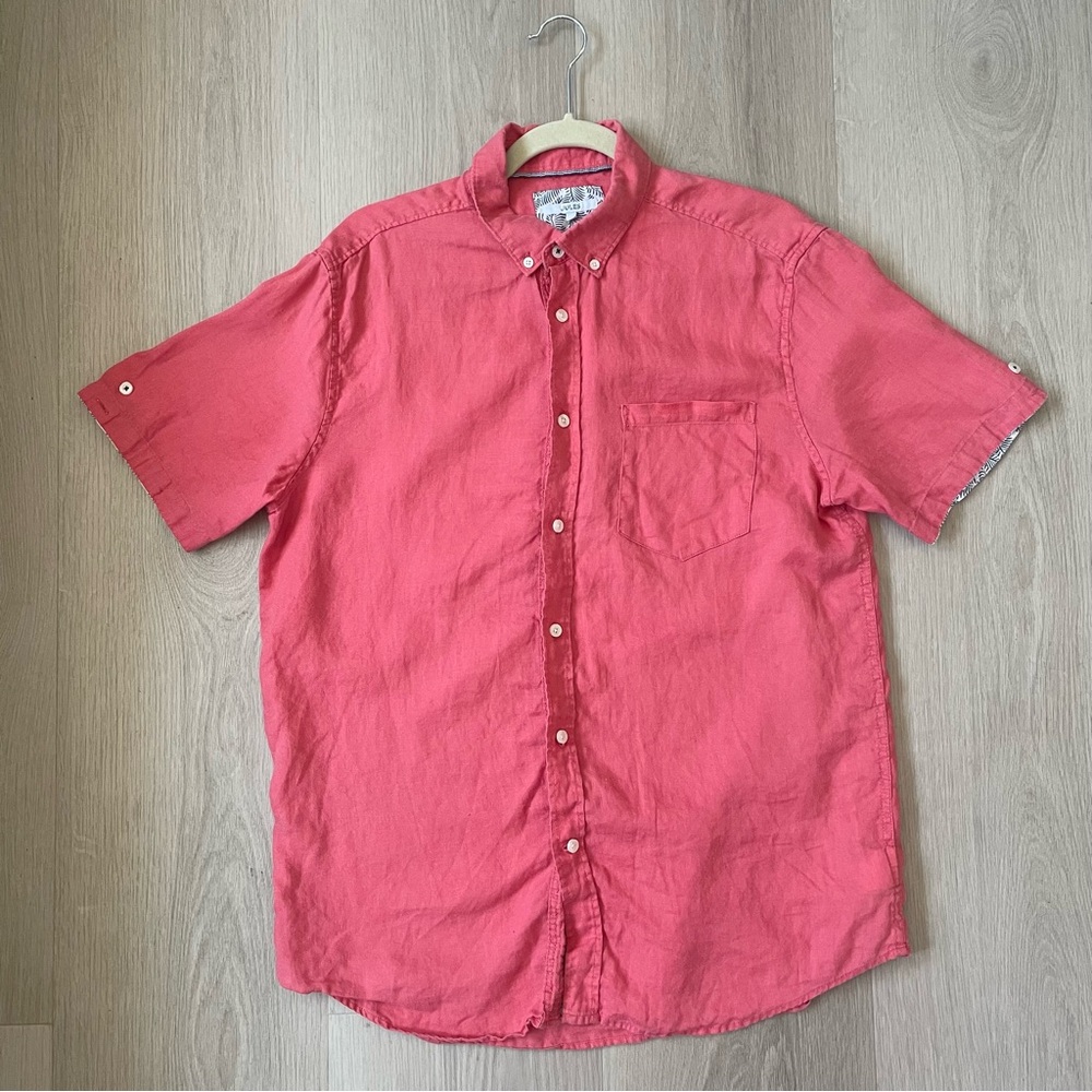 Jules Men Large Coral 100% Linen Button Down Short Sleeve Shirt Lightweight